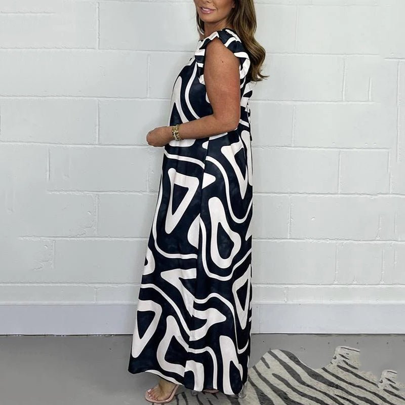 Abstract Print Jumpsuit Womens - V-Neck Ruffle Sleeve Statement Nova - Heston Manor