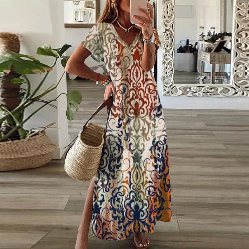 Boho Print Maxi Dress Womens - V-Neck Short Sleeve Vacation Piece Nathara - Heston Manor