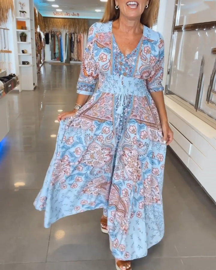 Paisley Maxi Dress Womens - Bohemian V-Neck Vacation Attire Solielis - Heston Manor