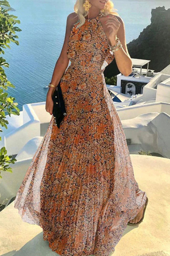 Halter Neck Maxi Dress Womens - Boho Print Pleated Vacation Apparel Zorina - Heston Manor