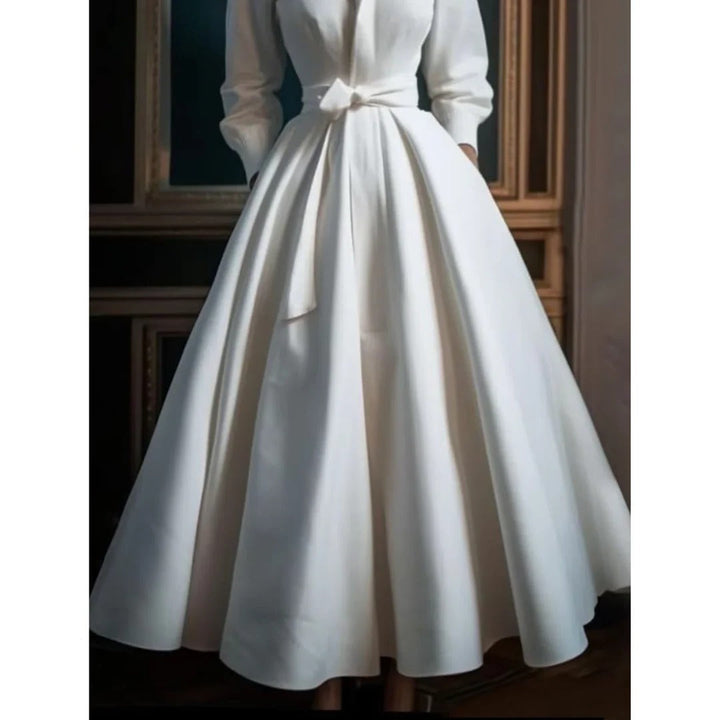 A-Line Midi Dress Womens - Long Sleeve V-Neck with Belt Audrena - Heston Manor