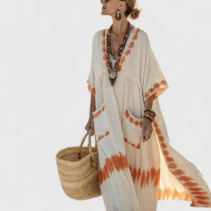 Linen Maxi Dress Womens - Striped Boho V-Neck with Pockets Zarina - Heston Manor