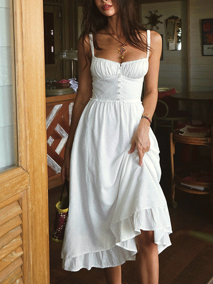 Ruffle Hem Midi Dress Womens - Smocked Button Bodice Beachwear Risara - Heston Manor