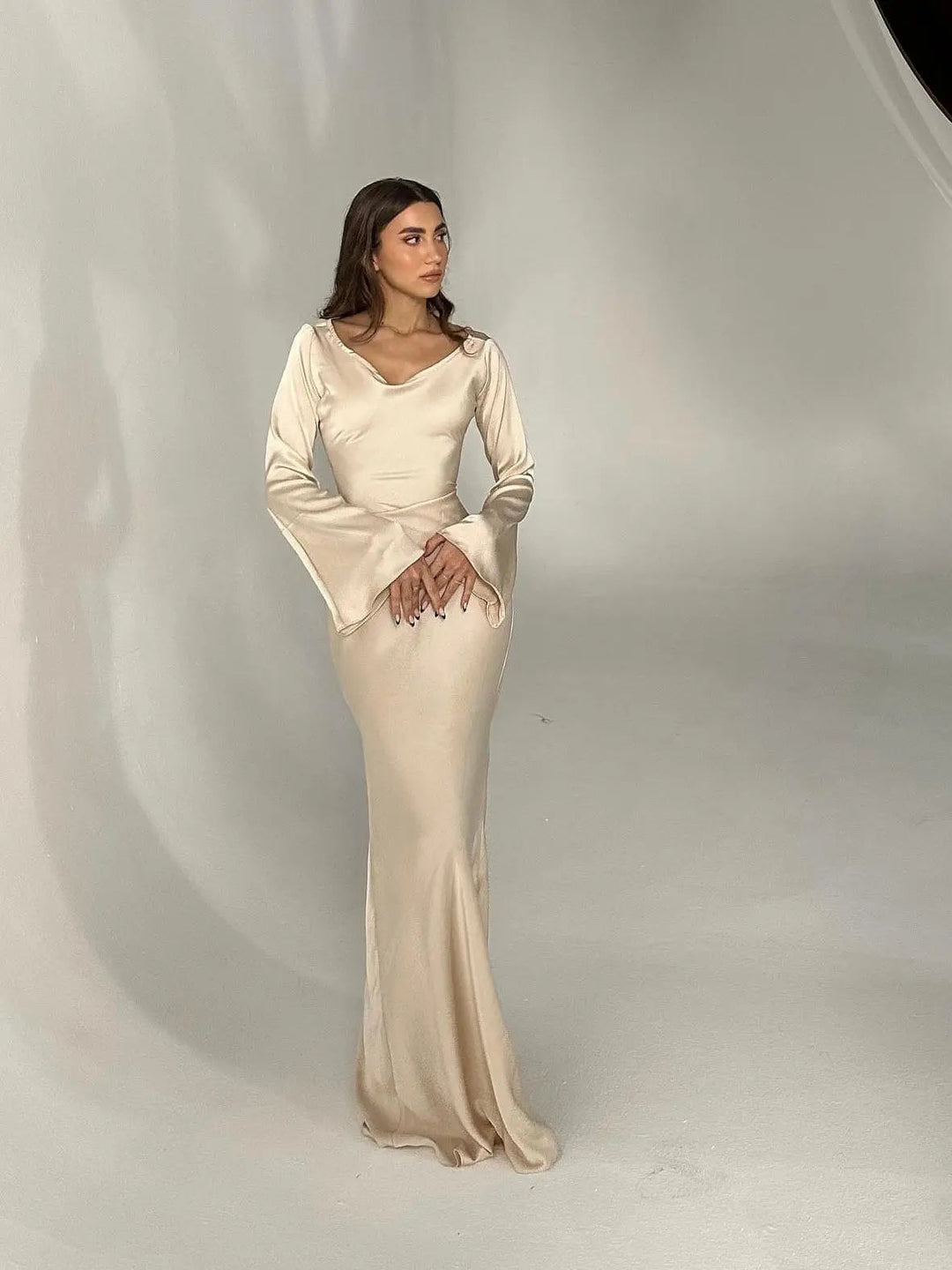 Satin Maxi Dress Womens - Formal Long Sleeve Gown Seraphina - Heston Manor
