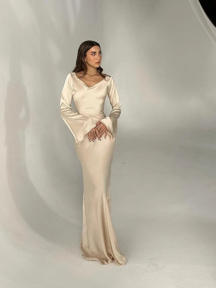 Satin Maxi Dress Womens - Formal Long Sleeve Gown Seraphina - Heston Manor