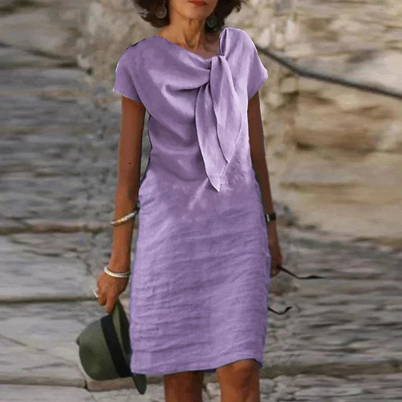 Bow Neck Midi Dress Womens - Elegant Short Sleeve Brunch Outfit Celestine - Heston Manor