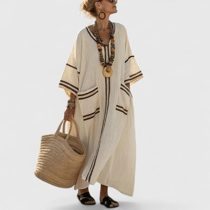 Linen Maxi Dress Womens - Striped Boho V-Neck with Pockets Zarina - Heston Manor