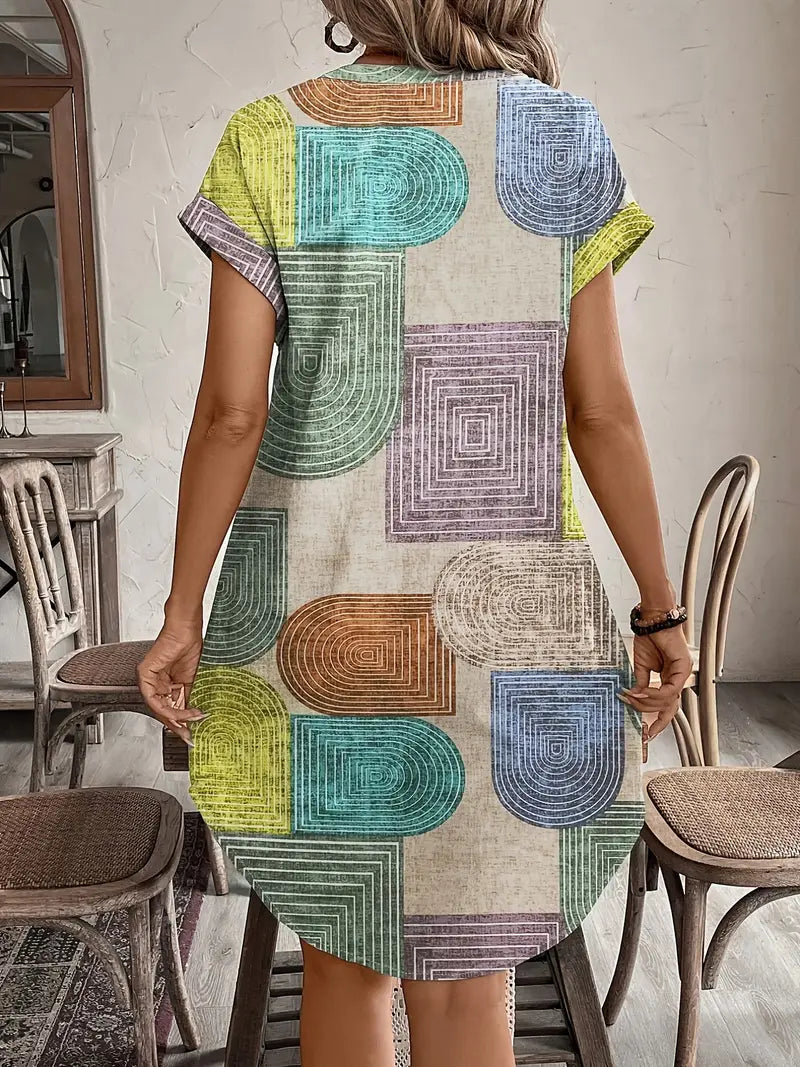 Geometric Print Mini Dress Womens - Button-Front V-Neck Trevalho - Heston Manor