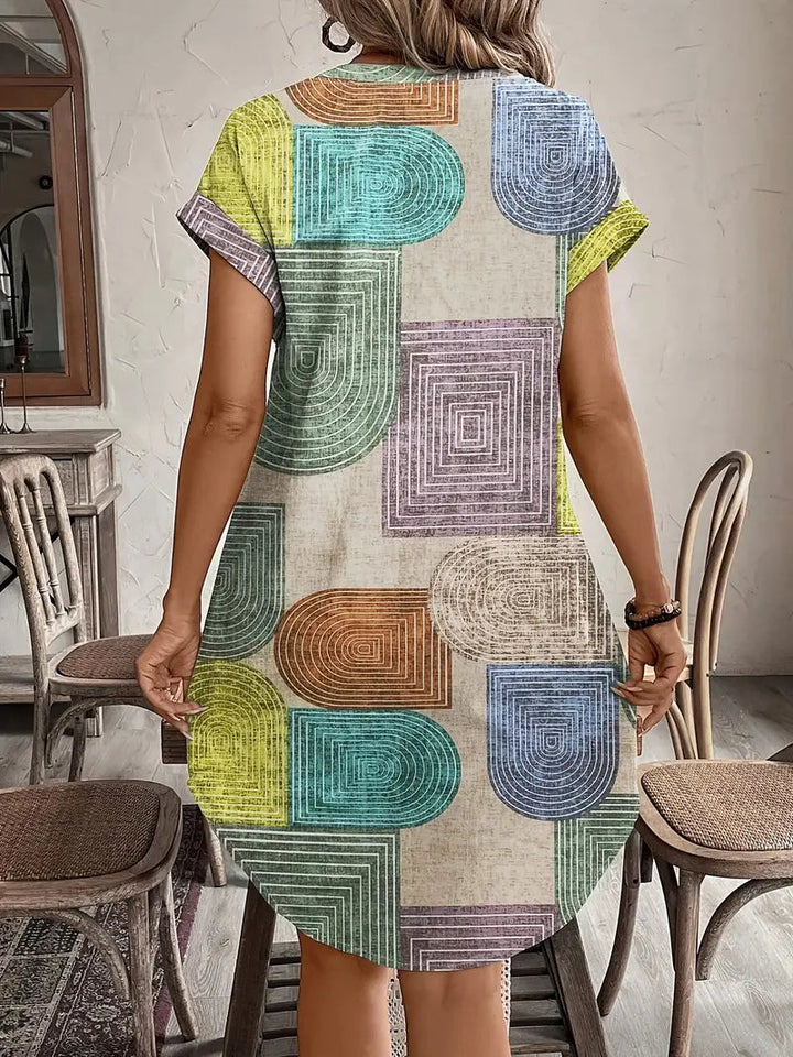 Geometric Print Mini Dress Womens - Button-Front V-Neck Trevalho - Heston Manor