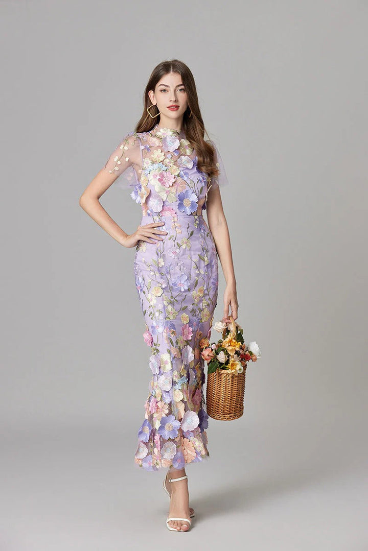 Floral Appliqué Maxi Dress Womens - 3D Sculptural Detail - Aurelia - Heston Manor