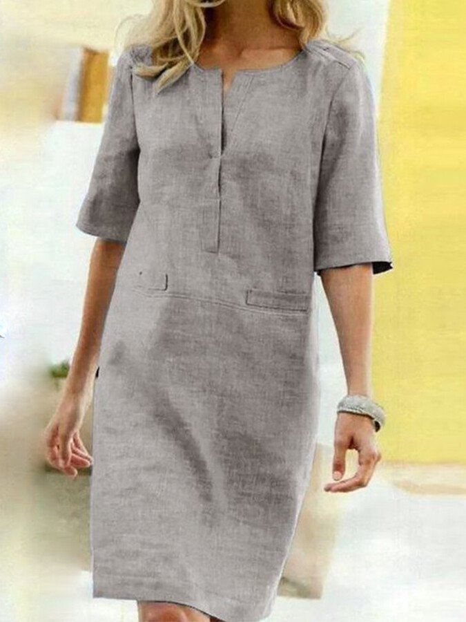 Shift Dress Womens - Relaxed Notched V-Neck Summer Hiberra - Heston Manor