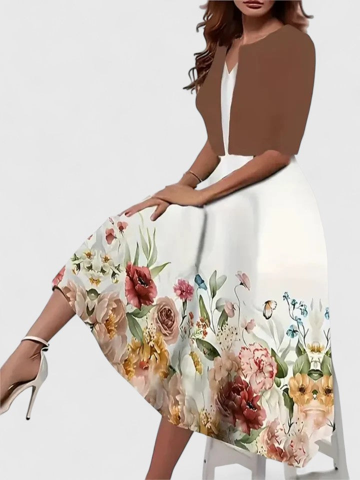 Floral Midi Dress Womens - 3/4 Sleeve A-Line Occasionwear Viritana - Heston Manor