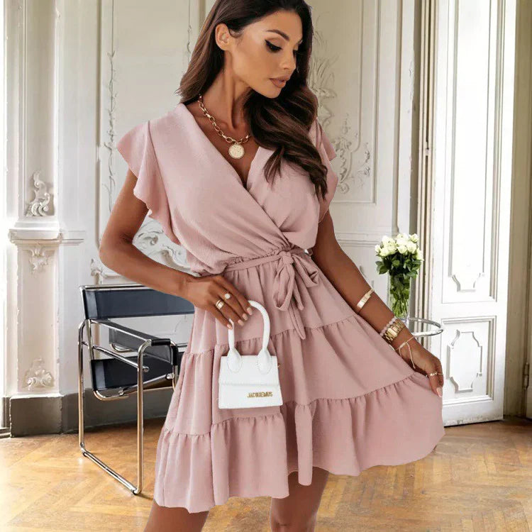 Wrap Mini Dress Womens - Flutter Sleeve Ruffle Fit Blossom - Heston Manor