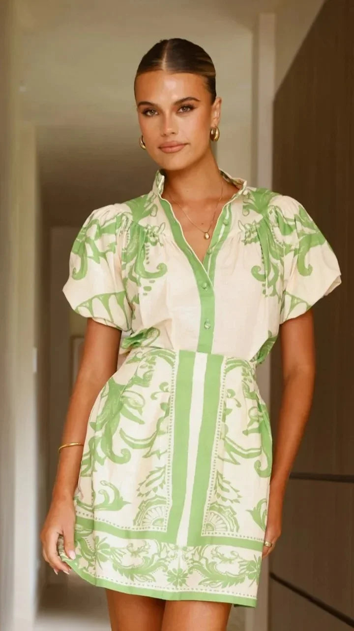 Floral Print Mini Shirt Dress Womens - Puff Sleeve Summer Style Floriva - Heston Manor