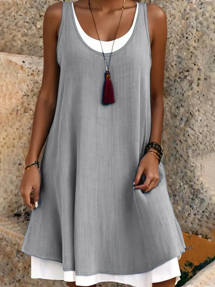 Sleeveless Layered Mini Dress Womens - Faux Two-Piece Scoop Neck Lystra - Heston Manor