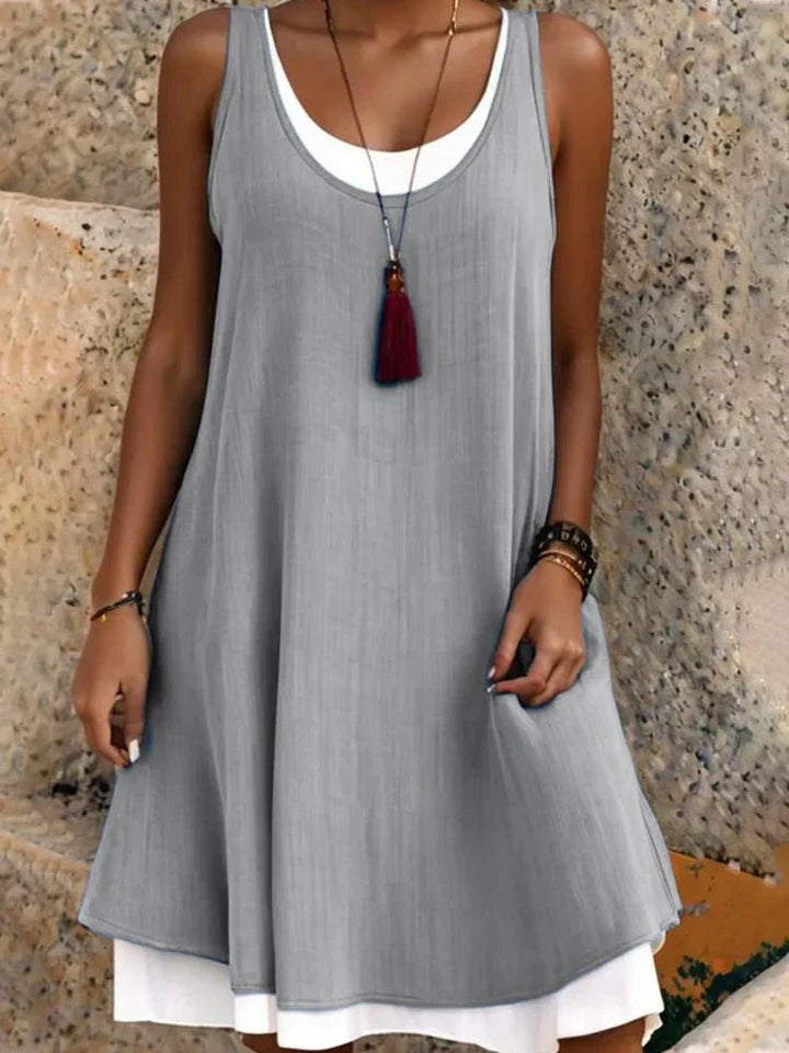 Sleeveless Layered Mini Dress Womens - Faux Two-Piece Scoop Neck Lystra - Heston Manor