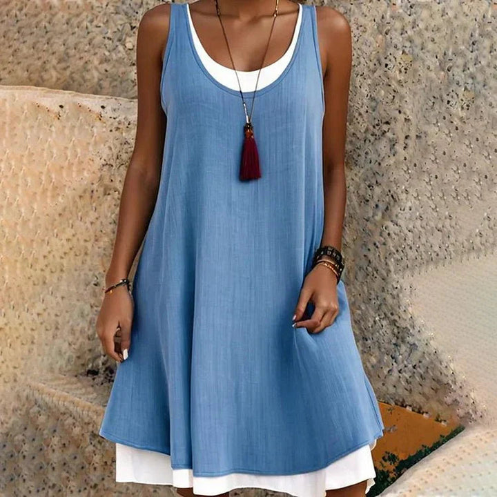 Sleeveless Layered Mini Dress Womens - Faux Two-Piece Scoop Neck Lystra - Heston Manor