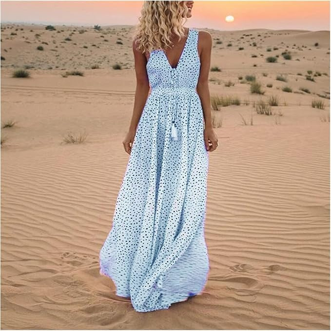 Polka Dot Maxi Dress Womens - Boho Flowy Draped Style Velora - Heston Manor