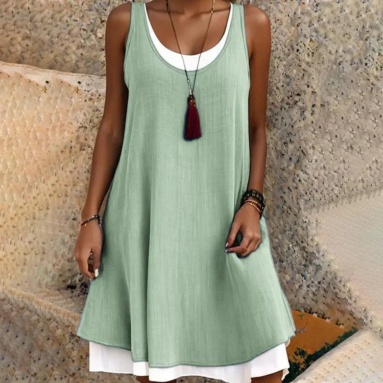 Sleeveless Layered Mini Dress Womens - Faux Two-Piece Scoop Neck Lystra - Heston Manor