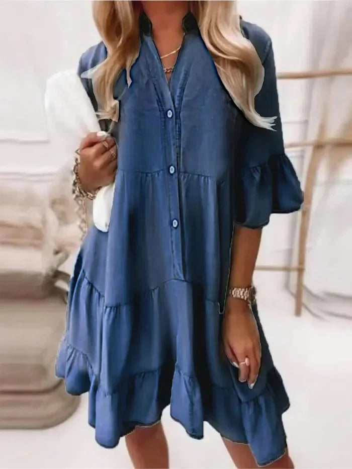 Denim Mini Dress Womens - Casual Ruffle Tiered Style Brinsley - Heston Manor