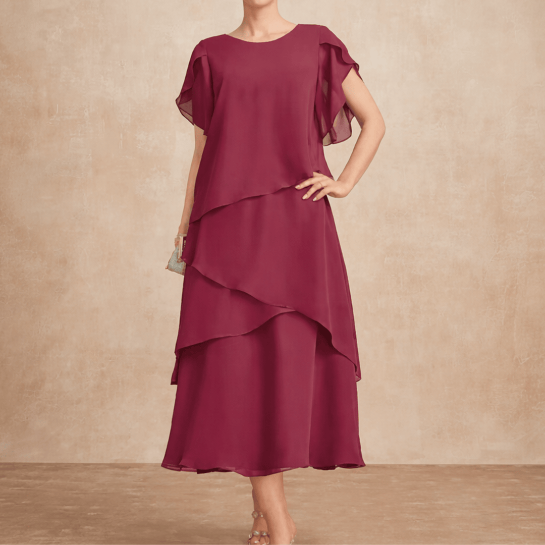 Novelle Tiered Chiffon Dress with Flutter Sleeves - Heston Manor