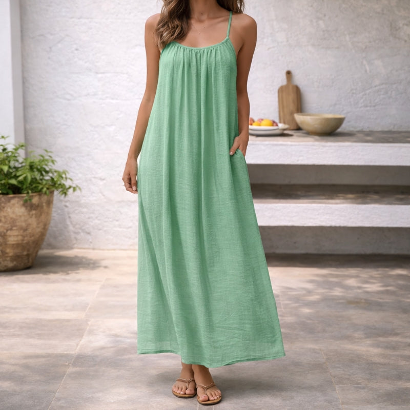 Maxi Sundress Womens - Linen Spaghetti Strap Summer Dress Levara - Heston Manor