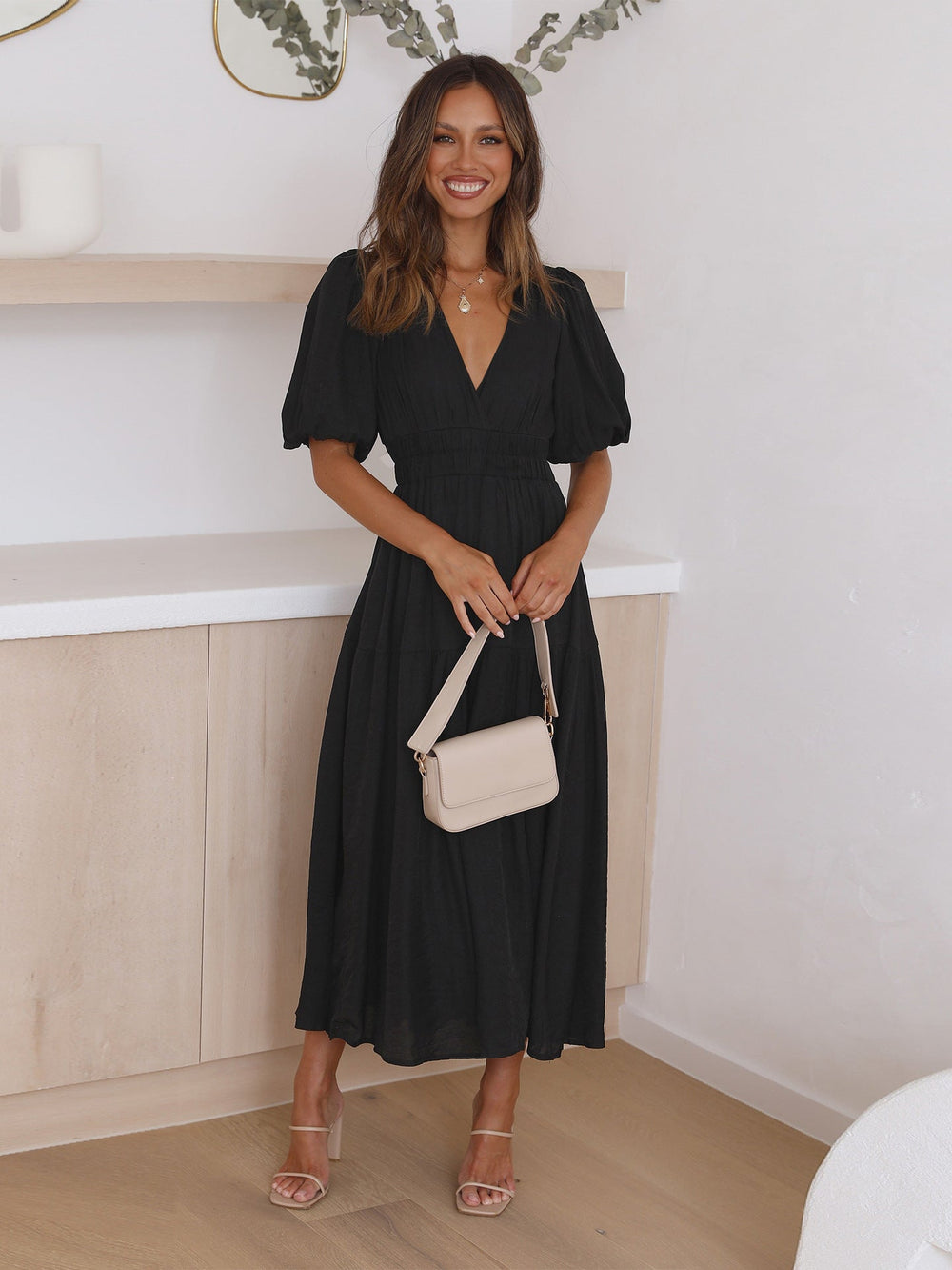 Midi Dress Womens - V-Neck Puff Sleeve Smocked Waist Noir-chic - Heston Manor