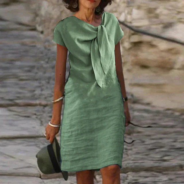 Bow Neck Midi Dress Womens - Elegant Short Sleeve Brunch Outfit Celestine - Heston Manor