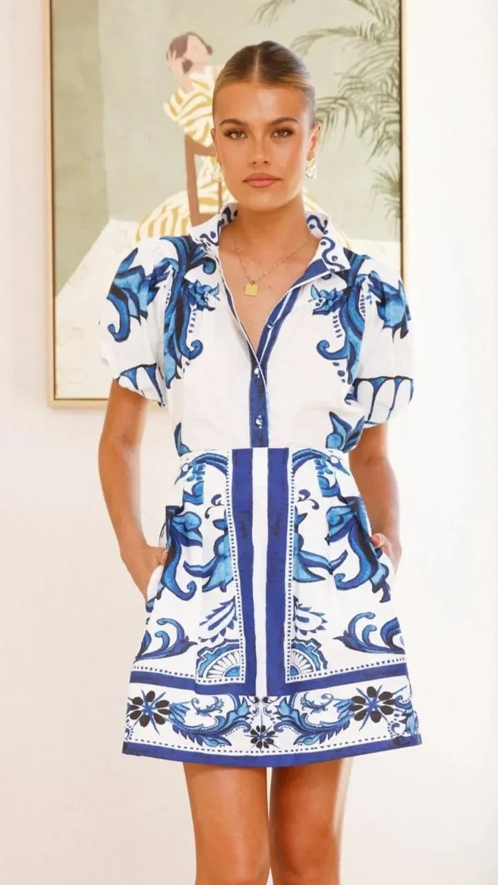 Floral Print Mini Shirt Dress Womens - Puff Sleeve Summer Style Floriva - Heston Manor