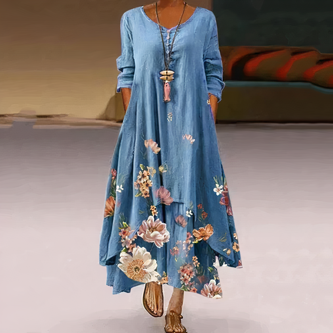 Floral Maxi Dress Womens - Botanical Print Long Sleeve Flourish - Heston Manor