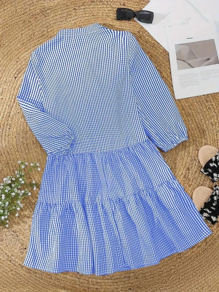 Gingham Print Mini Dress Womens - Button-Down 3/4 Sleeve Rosievita - Heston Manor