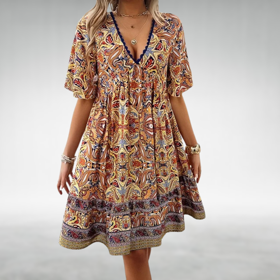 Paisley Boho Mini Dress Womens - Vibrant Summer Vacation Attire Sunlina - Heston Manor