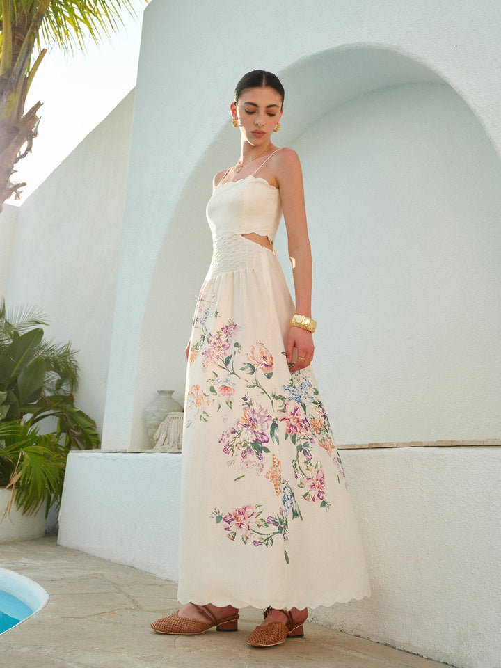 Floral Maxi Dress Womens - Cutout Waist Scallop Hem Sundress Pira - Heston Manor