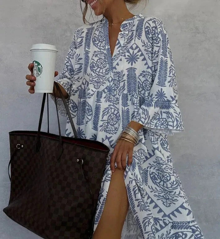 Boho Swing Dress Womens - V-Neck 3/4 Sleeve Summer Wear Celestera - Heston Manor