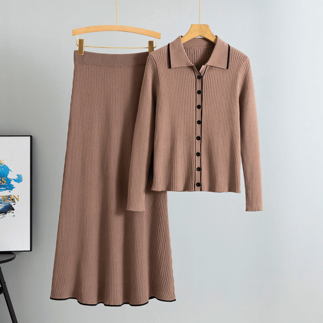 Bellara Soft-Touch Knit Two-Piece Set - Button-Up Top with Contrast Trim - Heston Manor