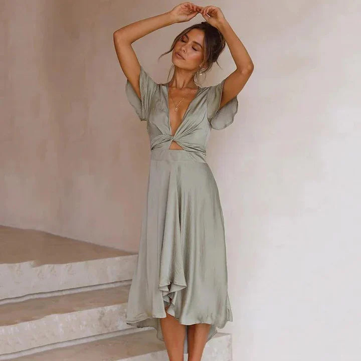 Satin Midi Dress Womens - Deep V-Neck Tie Front Summer Apparel Zyrella - Heston Manor