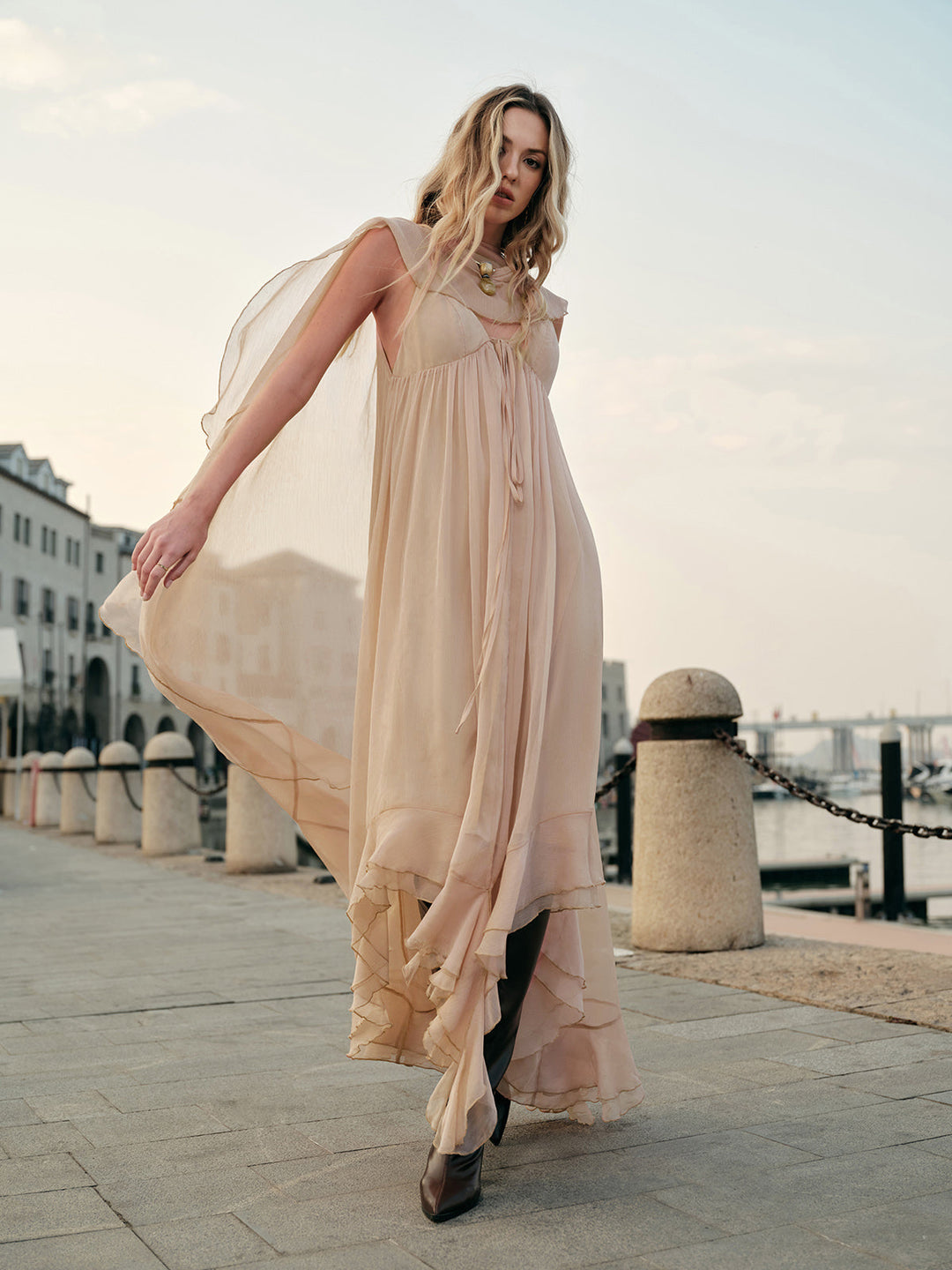Chiffon Maxi Dress Womens - Elegant Cape Sleeves Seraphina - Heston Manor