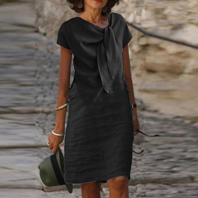 Bow Neck Midi Dress Womens - Elegant Short Sleeve Brunch Outfit Celestine - Heston Manor