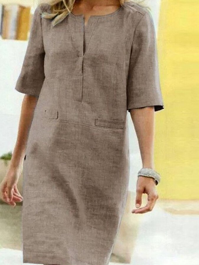 Shift Dress Womens - Relaxed Notched V-Neck Summer Hiberra - Heston Manor