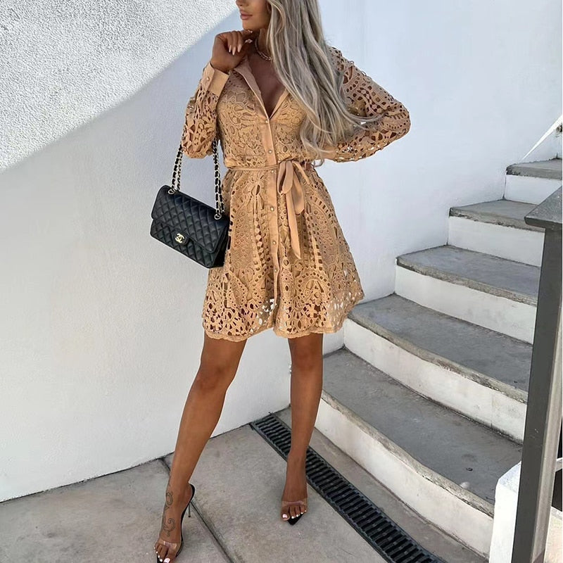 Lace Mini Dress Womens - Long Sleeve V-Neck Belted Elegance Viralisa - Heston Manor