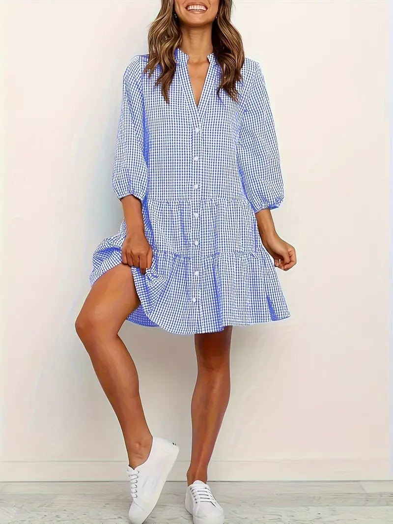 Gingham Print Mini Dress Womens - Button-Down 3/4 Sleeve Rosievita - Heston Manor