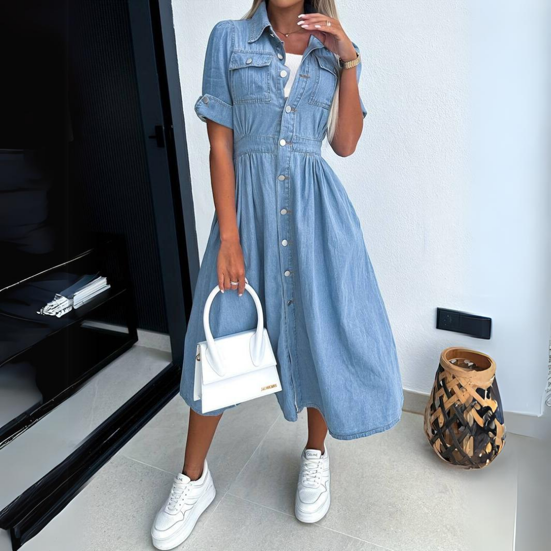 Denim Midi Dress Womens - Button-Up Short Sleeve Spring Style Calira - Heston Manor