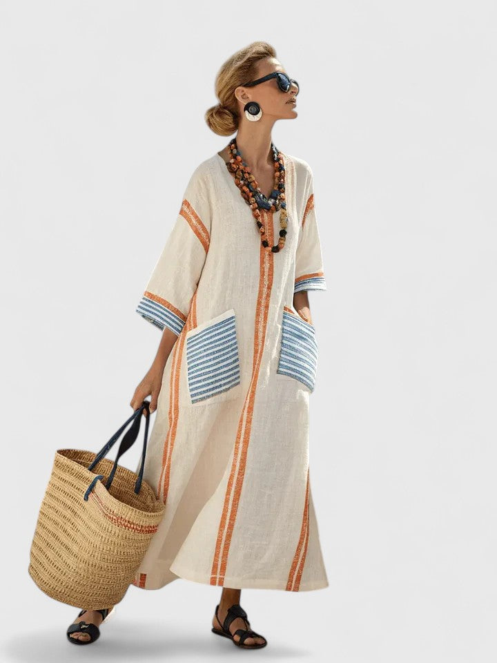 V-Neck Kaftan Maxi Dress Womens - Stripe Detail Summer Style Seraphina - Heston Manor