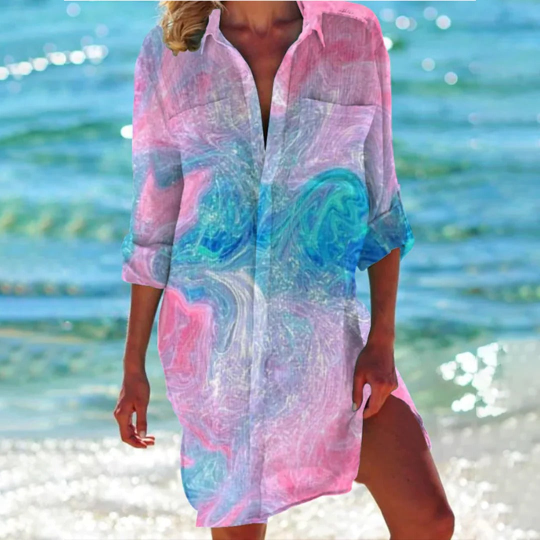 Tropical Print Shirt Dress Womens - Beach Cover-Up 3/4 Sleeve BreezeCoral - Heston Manor