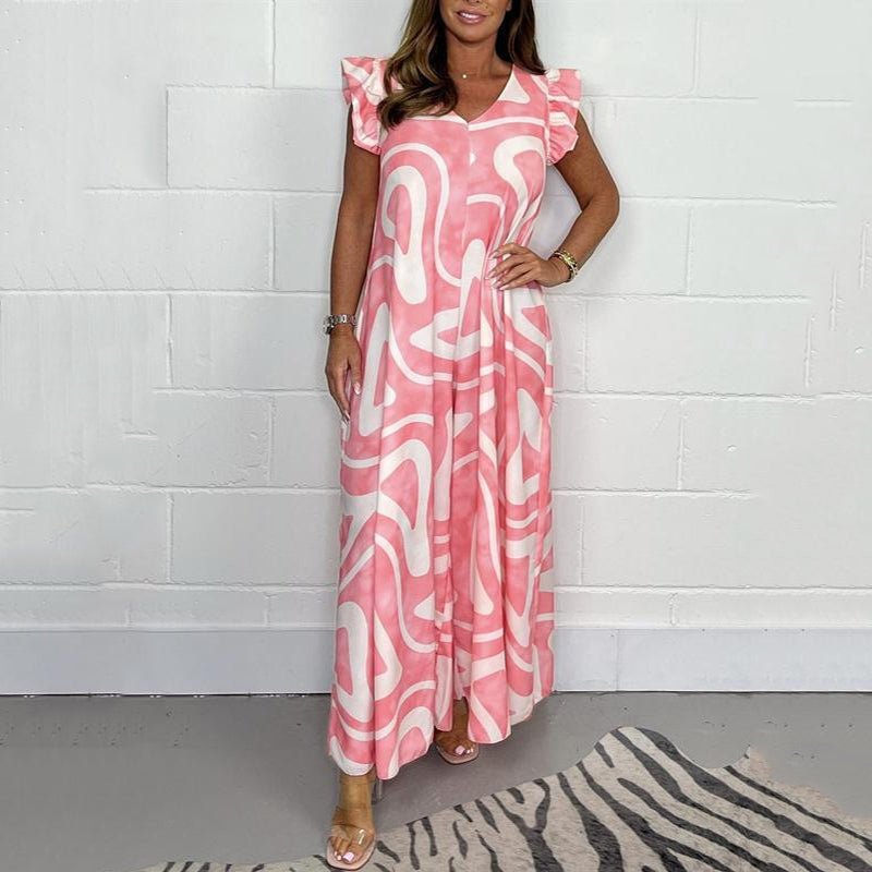 Abstract Print Jumpsuit Womens - V-Neck Ruffle Sleeve Statement Nova - Heston Manor