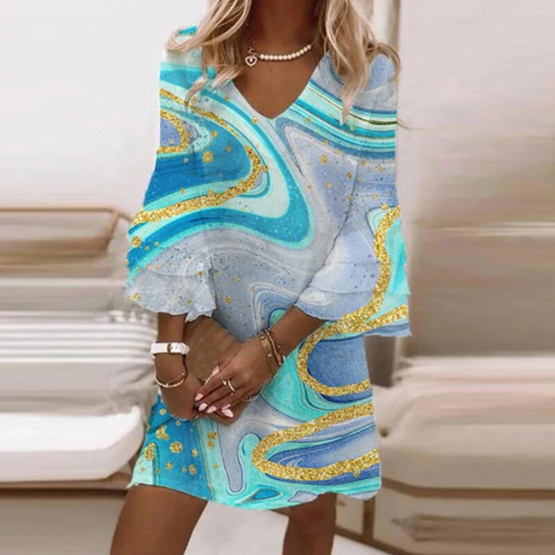 V-Neck Mini Dress Womens - Flare Sleeve Marble Print Sovine - Heston Manor