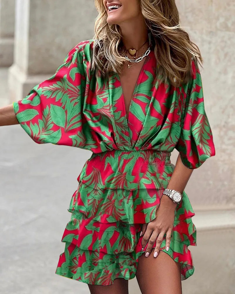 Ruffle Mini Dress Womens - Vibrant Boho V-Neck Fit Lunalie - Heston Manor