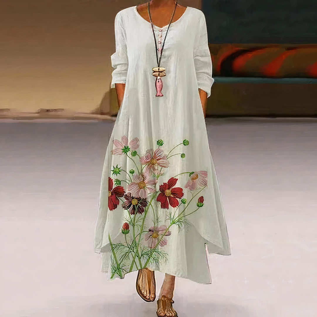 Floral Maxi Dress Womens - Botanical Print Long Sleeve Flourish - Heston Manor