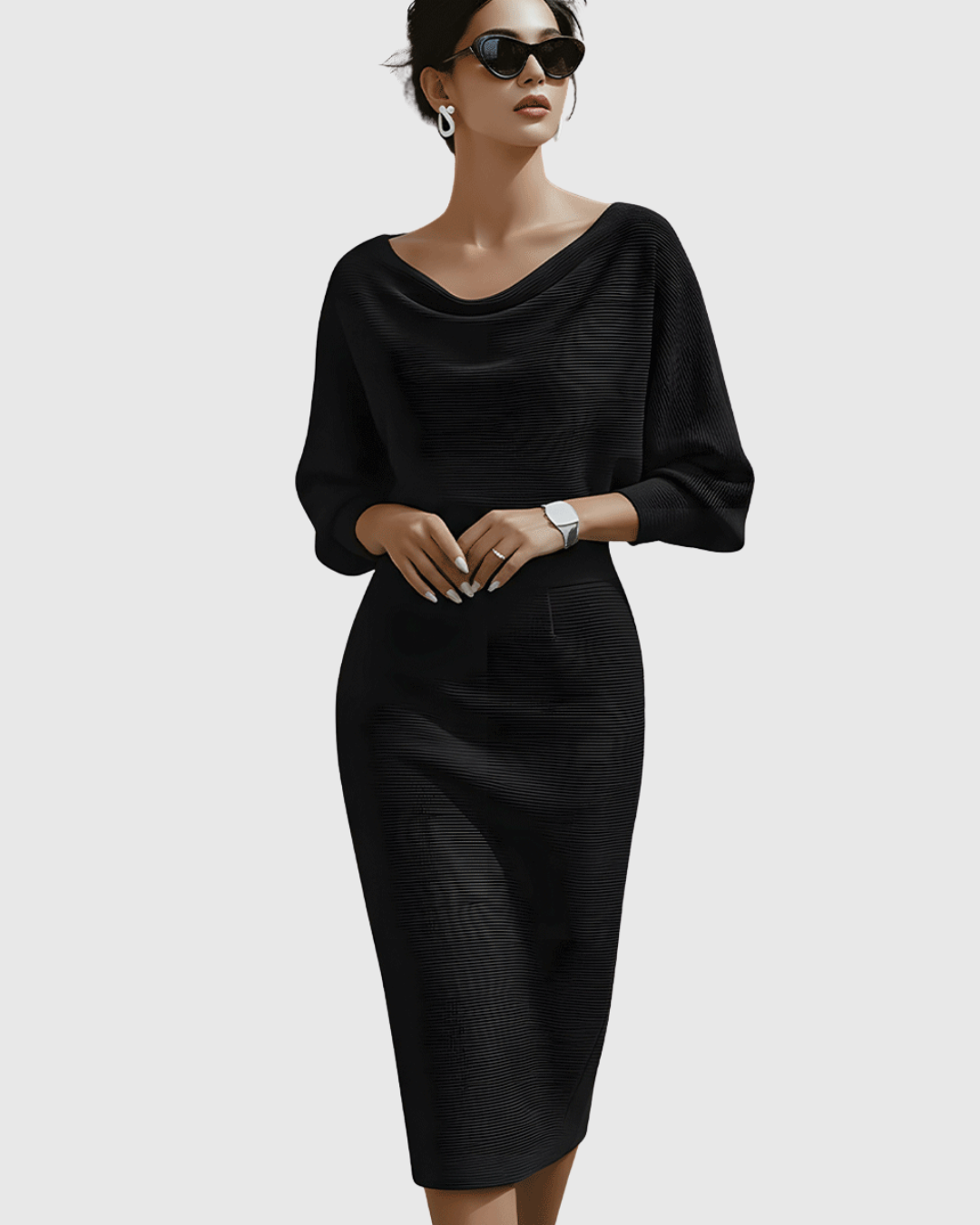 Midi Dress Womens - Ribbed Cowl Neck Batwing Veshara - Heston Manor