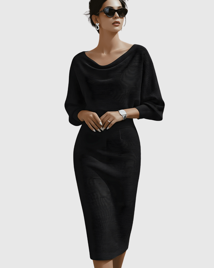Midi Dress Womens - Ribbed Cowl Neck Batwing Veshara - Heston Manor